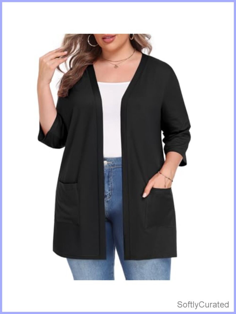 Plus Size Lightweight Cardigan 3/4 Sleeve Open Front Casual Layering